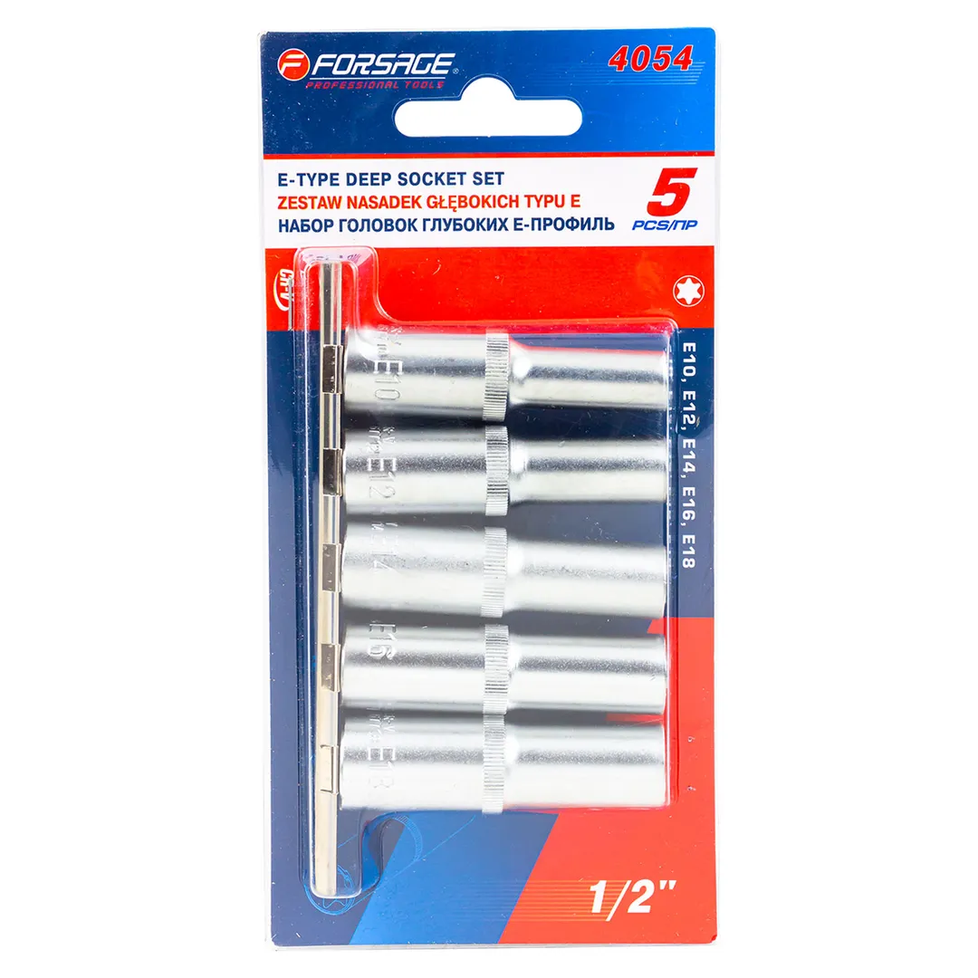 Набор головок глубоких Е-профиль 1/2»5 пр. (Е10, Е12, Е14, Е16, Е18) на металл. планке