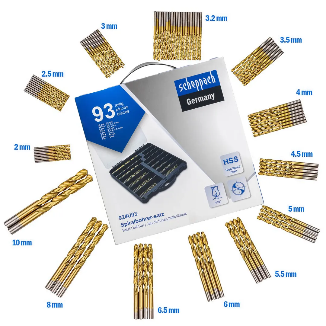 Набор сверл по металлу,93пр.(3.2-20шт,2,2.5,3-по10шт,3.5,4-по 8 шт,4.5-5шт,5,5.5,6,6.5-по 4шт,8-3шт,10-2шт)в кейсе