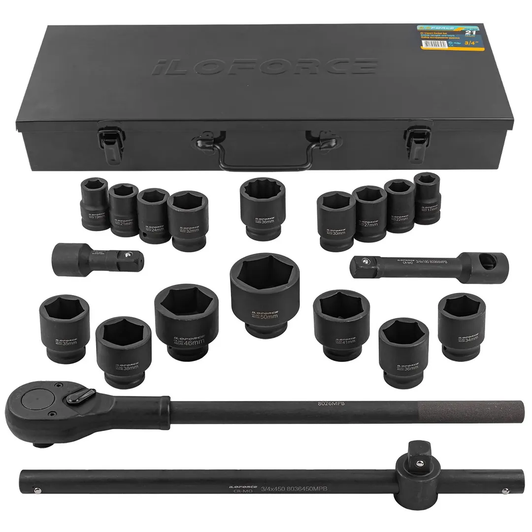 Набор инструментов ударных 21пр, 3/4»(6гр.)(17,19,21,22,24,27,30,32,34,35,36,36-12гр.,38,41,46,50мм), в метал. кейсе