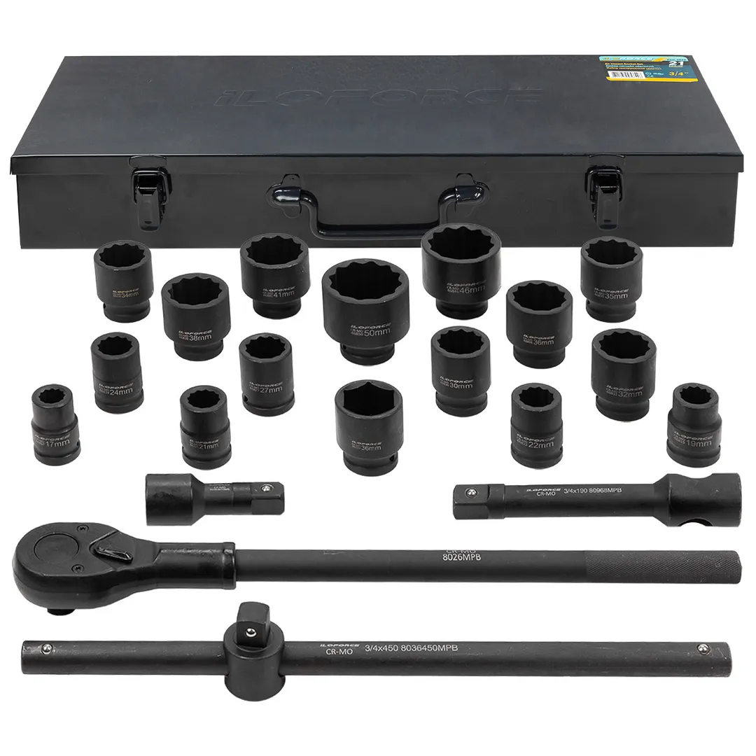 Набор инструментов ударных 21пр, 3/4»(12гр.)(17,19,21,22,24,27,30,32,34,35,36,36-12гр.,38,41,46,50мм), в метал. кейсе