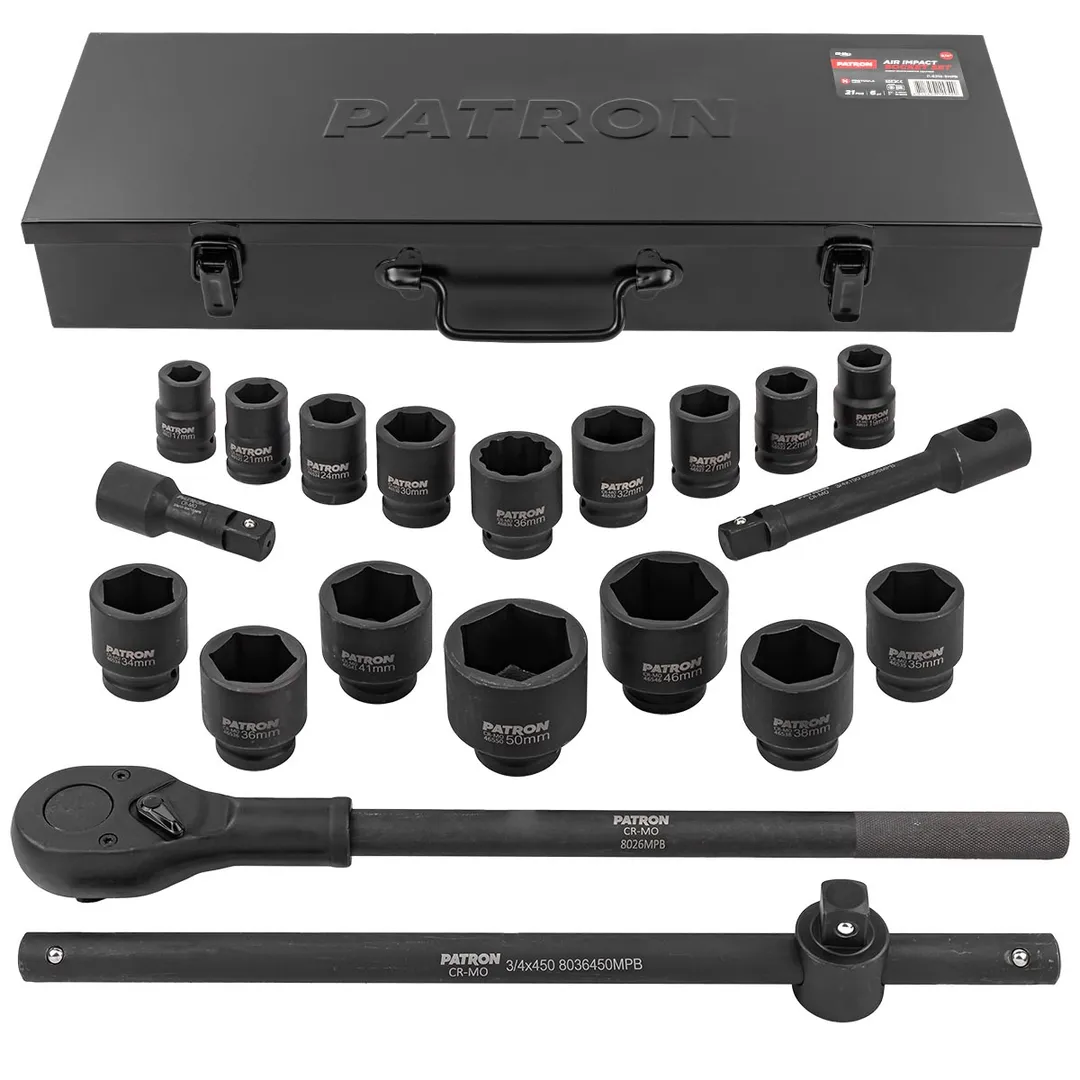 Набор инструментов ударных 21пр, 3/4»(6гр.)(17,19,21,22,24,27,30,32,34,35,36,36-12гр.,38,41,46,50мм), в метал. кейсе