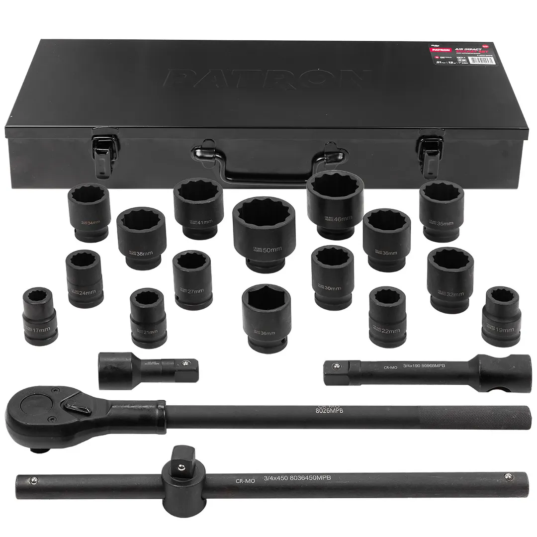 Набор инструментов ударных 21пр, 3/4»(12гр.)(17,19,21,22,24,27,30,32,34,35,36,36-12гр.,38,41,46,50мм), в метал. кейсе