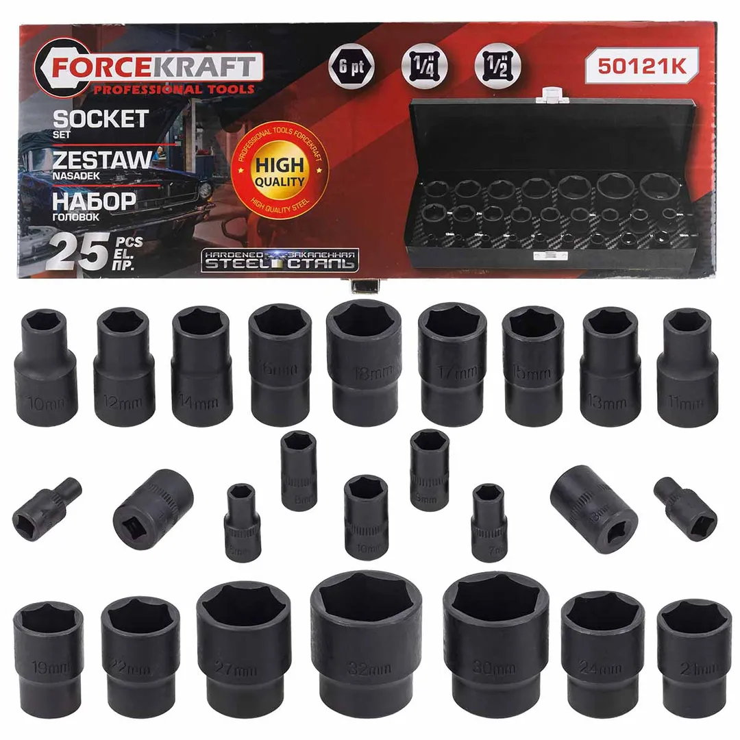 Набор головок ударных 25пр. 1/4», 1/2»(6гр.)(1/2»: 10,11,12,13,14,15,16,17,18,19,21,22,24,27,30,32мм. 1/4»: 4,5,6,7,8,9,10,12,13мм.)