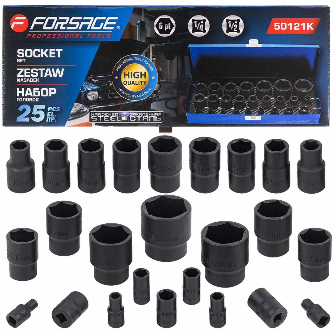 Набор головок ударных 25пр. 1/4», 1/2»(6гр.)(1/2»: 10,11,12,13,14,15,16,17,18,19,21,22,24,27,30,32мм. 1/4»: 4,5,6,7,8,9,10,12,13мм.)