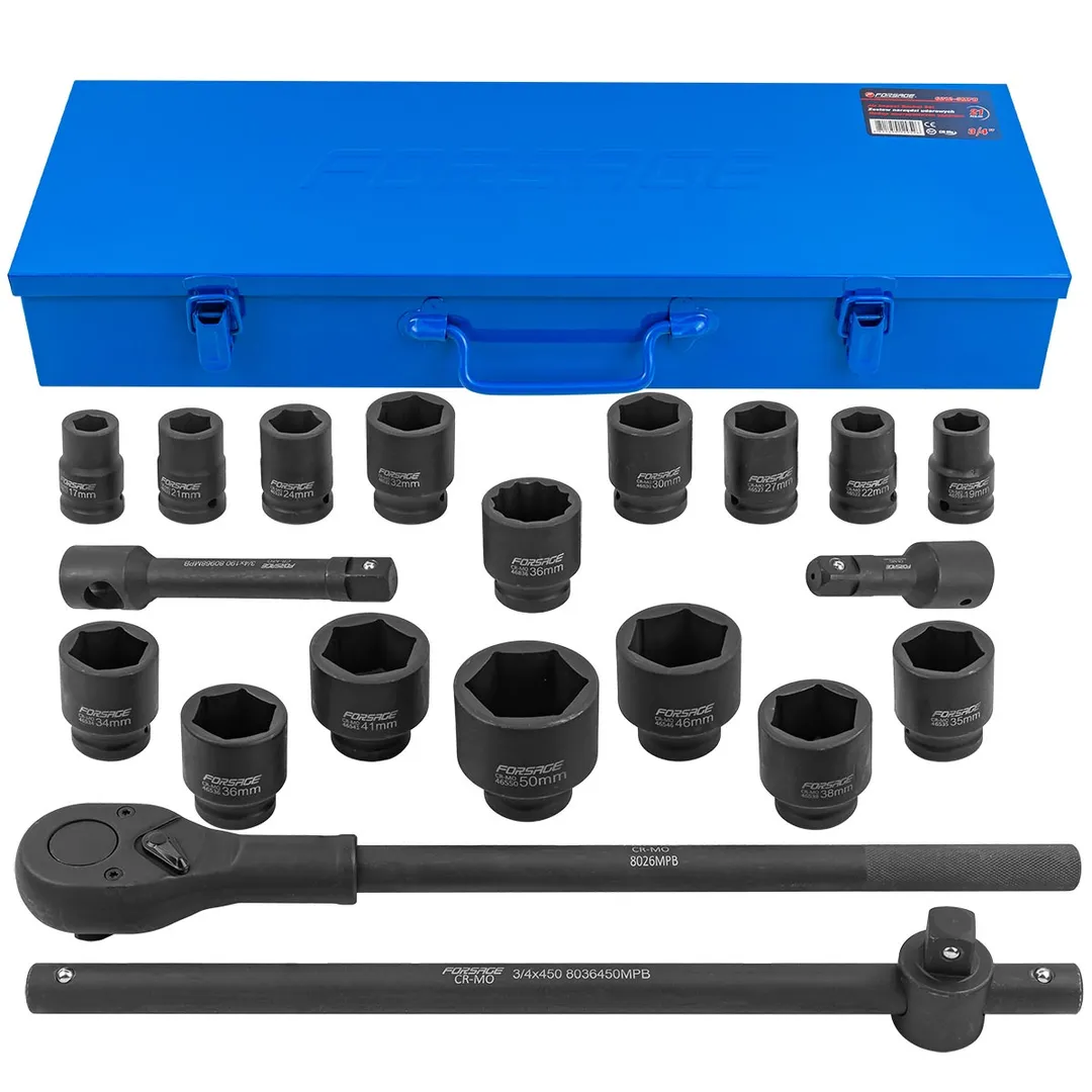 Набор инструментов ударных 3/4», 6гр, 21пр(17,19,21,22,24,27,30,32,34,35,36,36-12гр,38,41,46,50мм), в металл.кейсе