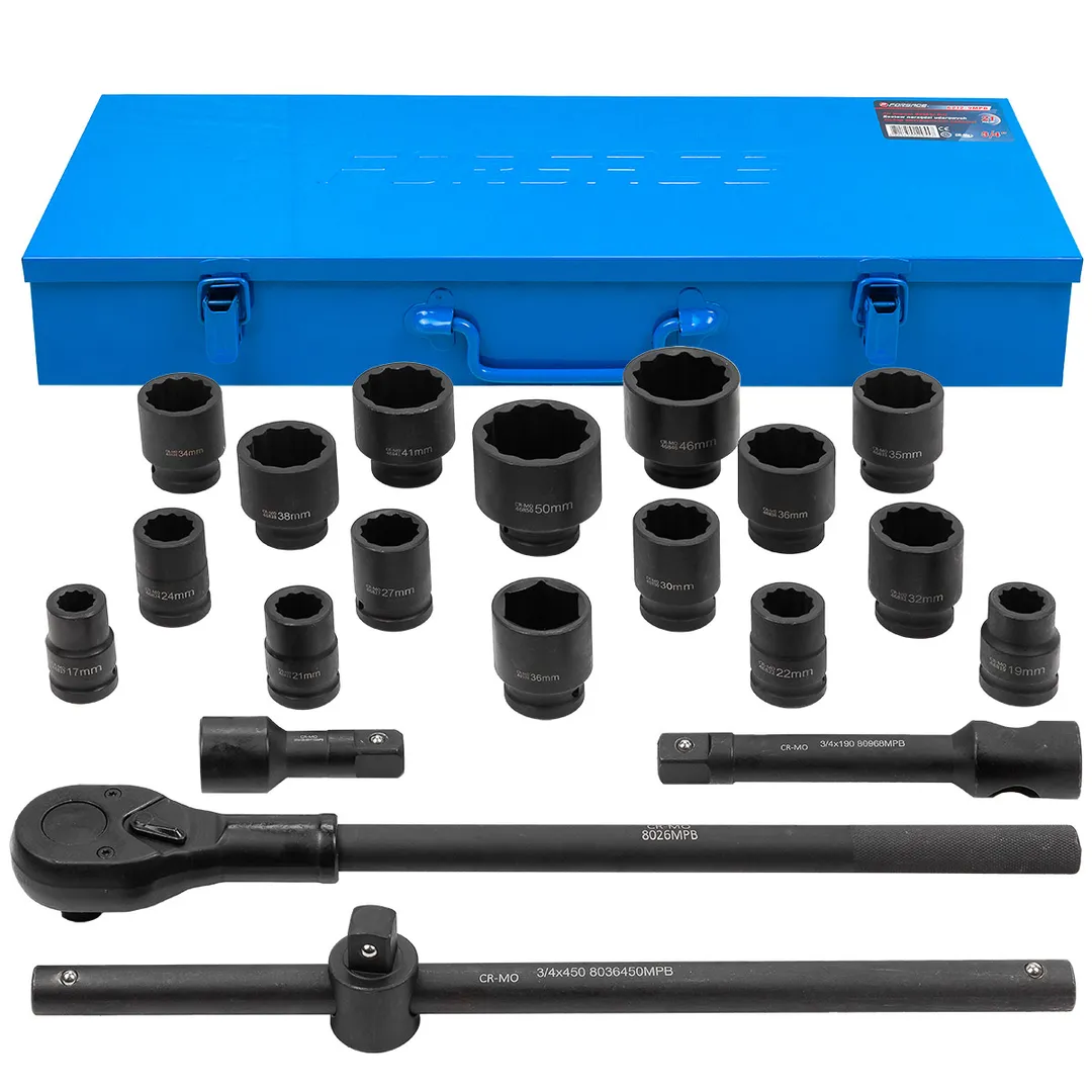 Набор инструментов ударных 3/4», 12гр, 21пр(17,19,21,22,24,27,30,32,34,35,36,36-6гр,38,41,46,50мм), в металл.кейсе