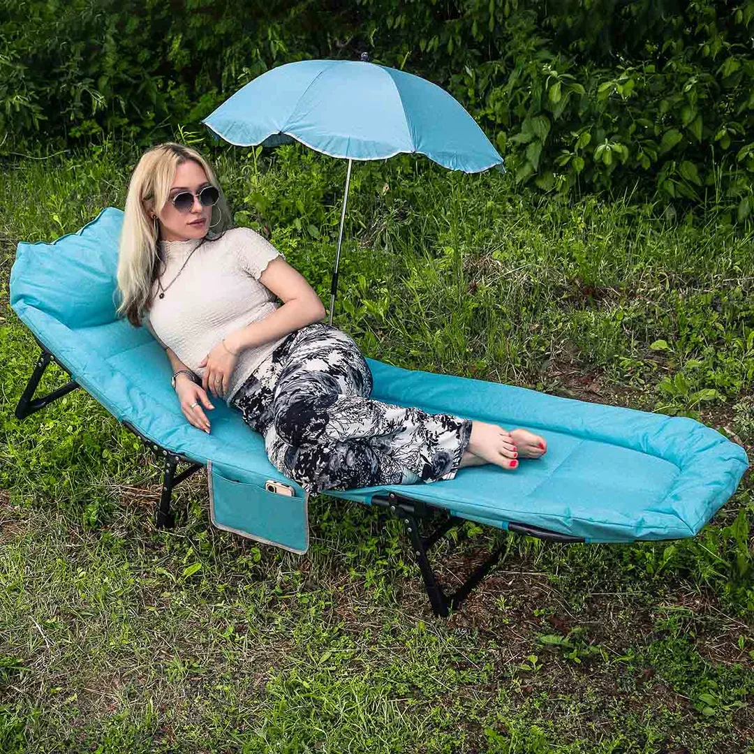 Шезлонг складной на мягкой основе (голубой) в комплекте с зонтом садовым (1960х640х320мм, макс. нагрузка 200кг)