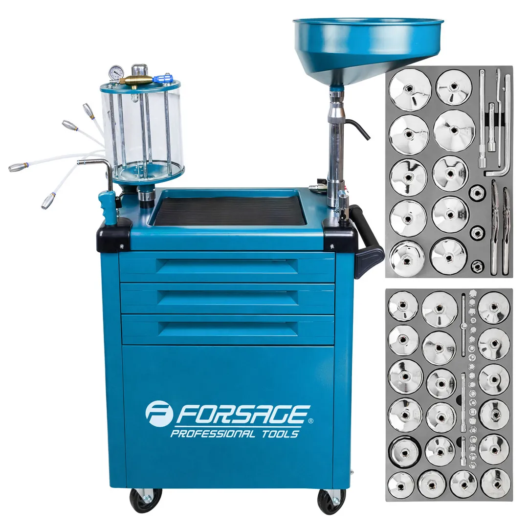 Установка пневматическая для сбора отработанного масла (бак 80л, мерная колба 10л, давление ≤1бар) передвижная с набором спец.инструмента 61пр.