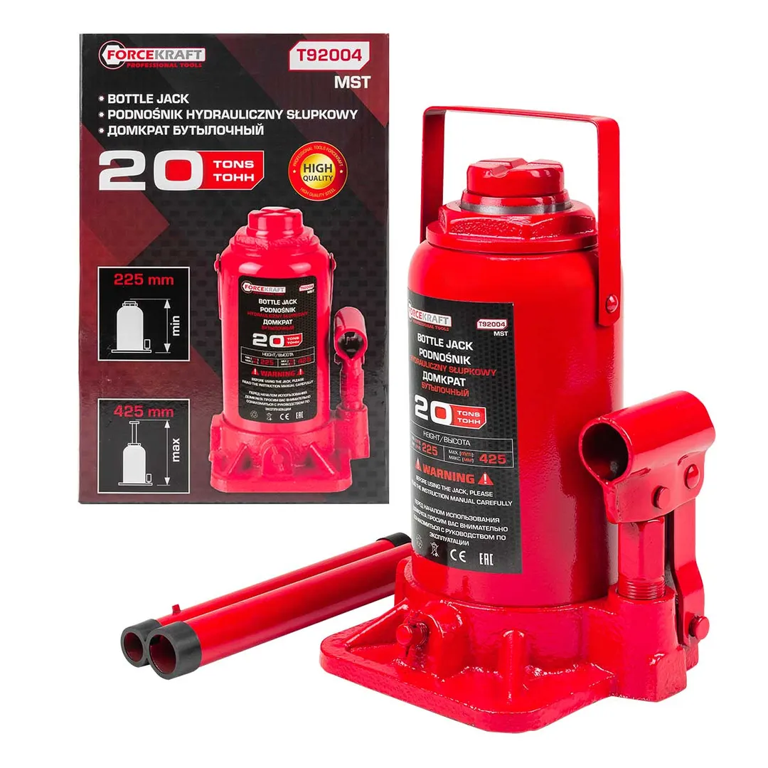 Домкрат бутылочный 20т с клапаном (h min 225мм, h max 425мм, ход штока-140мм, ход винта-60мм)