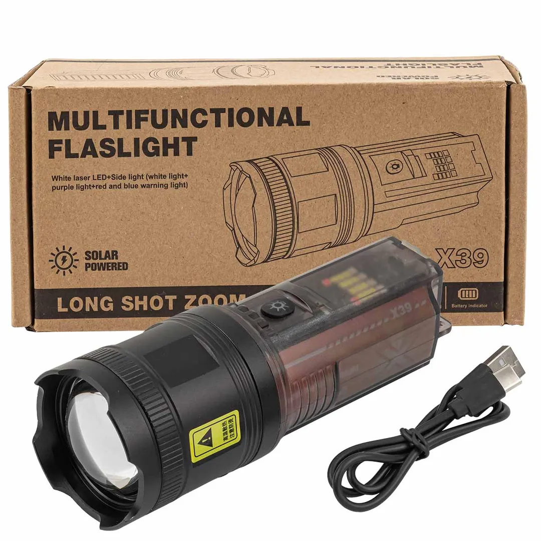 Фонарь ручной аккумуляторный с функцией повербанка и солнечной панелью (7 реж. работы, аккум. 1800мАч, 50Вт, время работы 3-8ч, время зар. 6ч, 2000м)