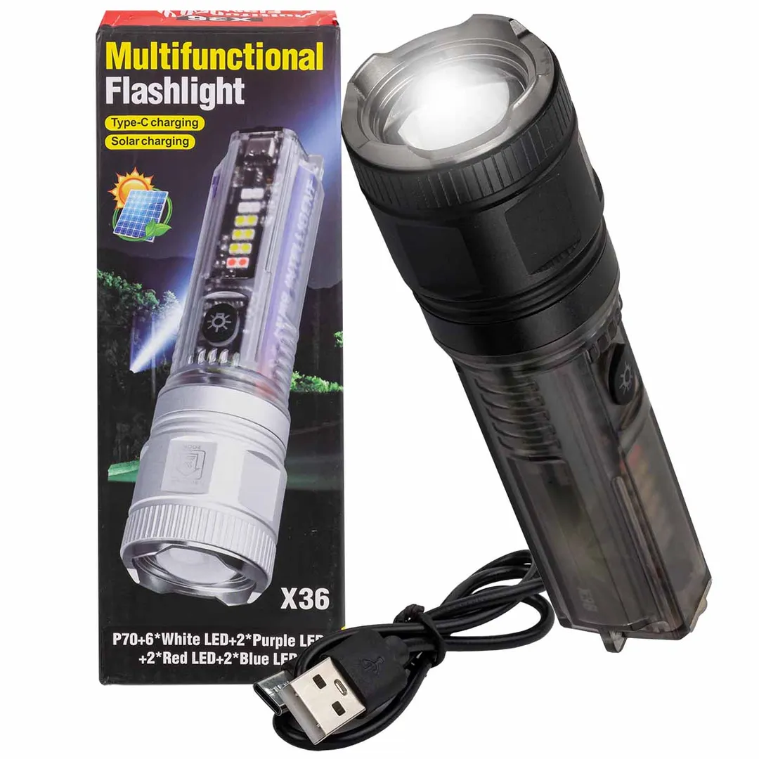 Фонарь ручной аккумуляторный с функцией повербанка и солнечной панелью (7 реж. работы, аккум. 1800мАч, 15Вт, время работы 2-6ч, время зар. 4ч, 1000м)