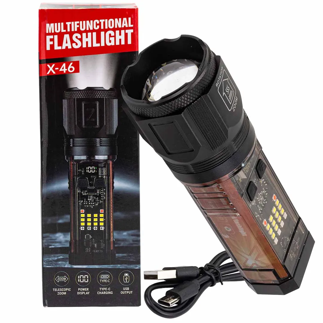 Фонарь ручной аккумуляторный с солнечной панелью (6 режимов работы, аккум. 1800мАч, 15Вт, время работы 2-6ч, время зар. 4ч, max расстояние 2000м)