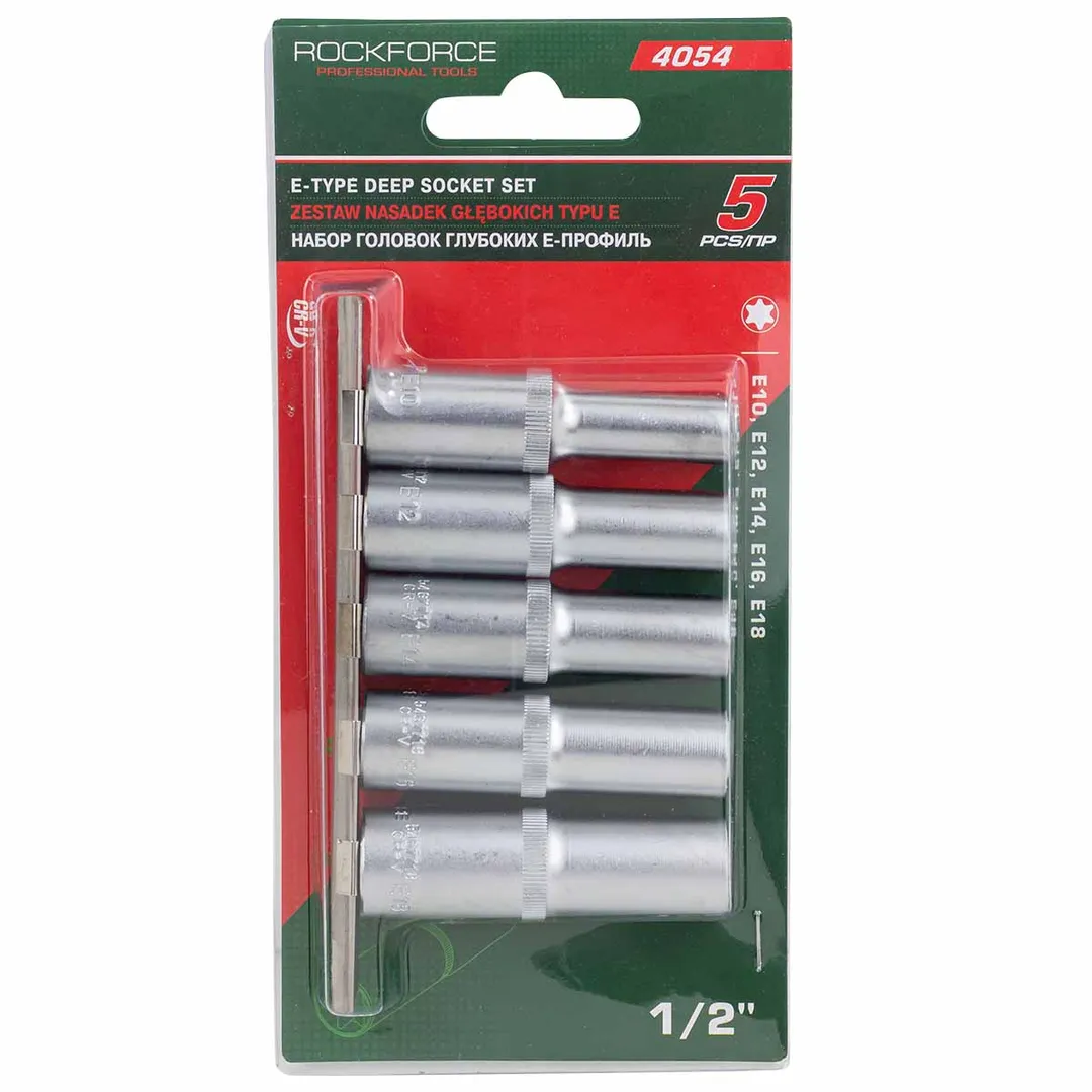 Набор головок глубоких Е-профиль 1/2»5 пр. (Е10, Е12, Е14, Е16, Е18) на металл.планке