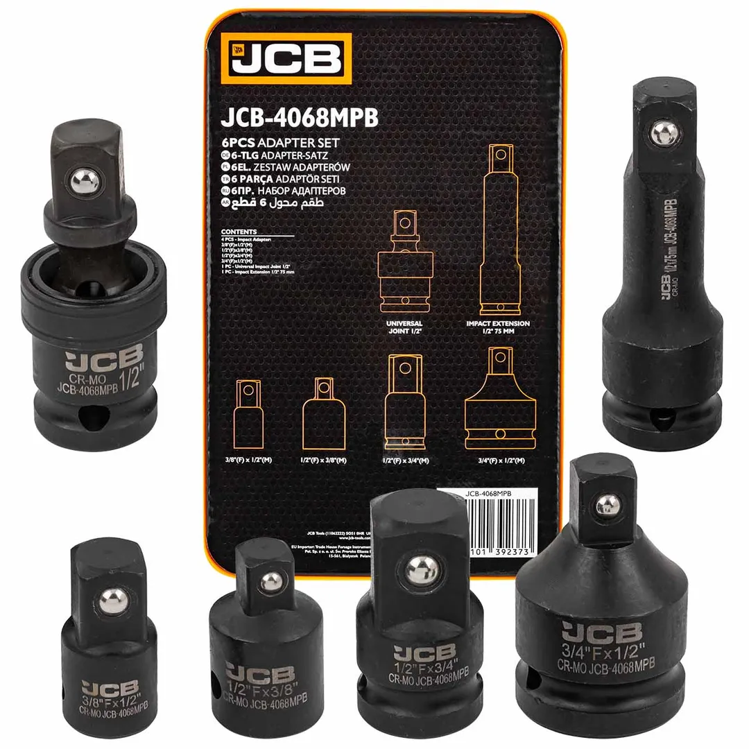 Набор адаптеров ударных 6пр(3/8»(F)x1/2»(M),1/2»(F)x3/8»(M),1/2»(F)x3/4»(M),3/4»(F)x1/2»(M),удлинитель 125мм, кардан 1/2»),в ложементе