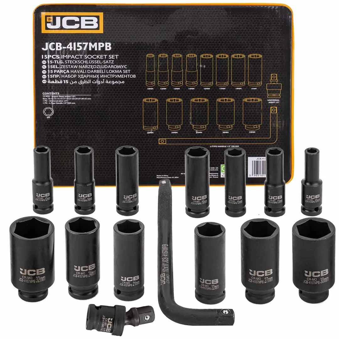 Набор головок ударных глубоких 6-гр. 1/2»,15пр. (10-32мм, вороток Г-обр., кардан) в ложементе