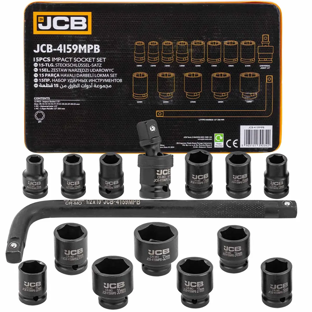 Набор головок ударных коротких 6-гр. 1/2»,15пр. (10-32мм, вороток Г-обр., кардан) в ложементе