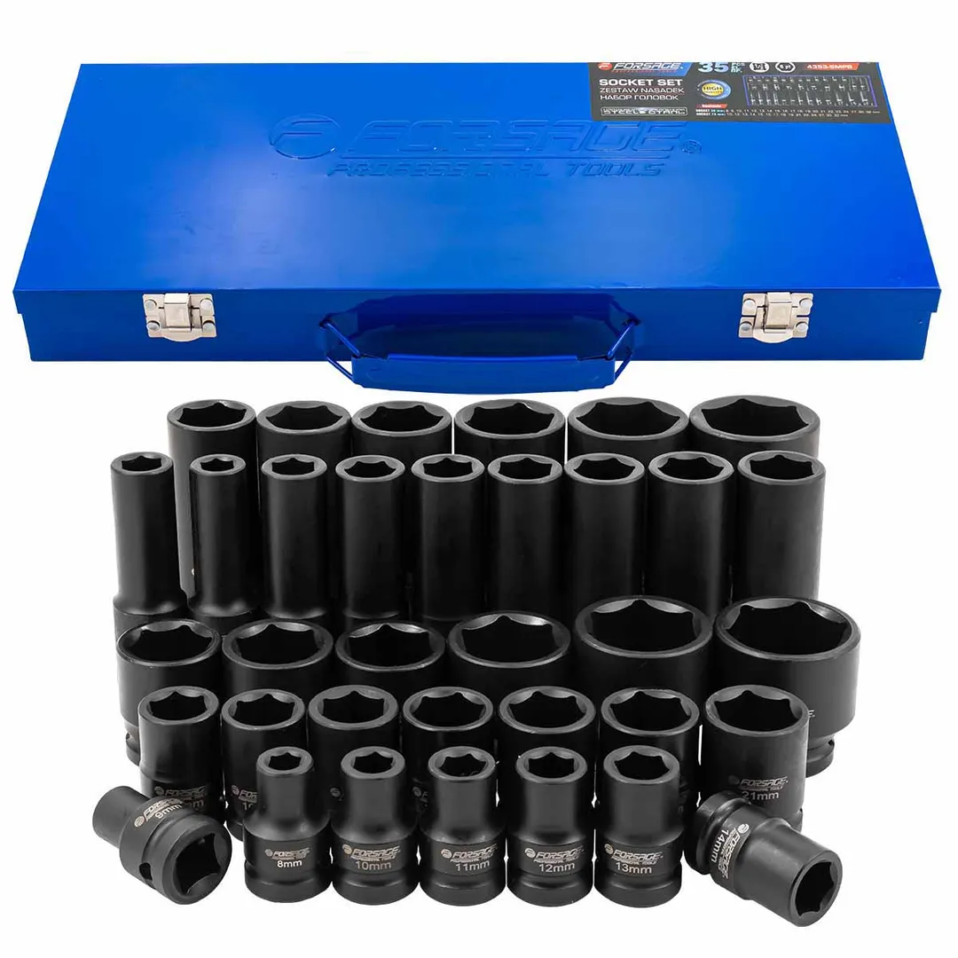 Набор головок 35 пр. (короткие 38мм: 8-23, 24, 27, 30, 32мм, глубокие 78мм: 10, 12-19, 21, 22, 24, 27, 30, 32мм) в металл. кейсе