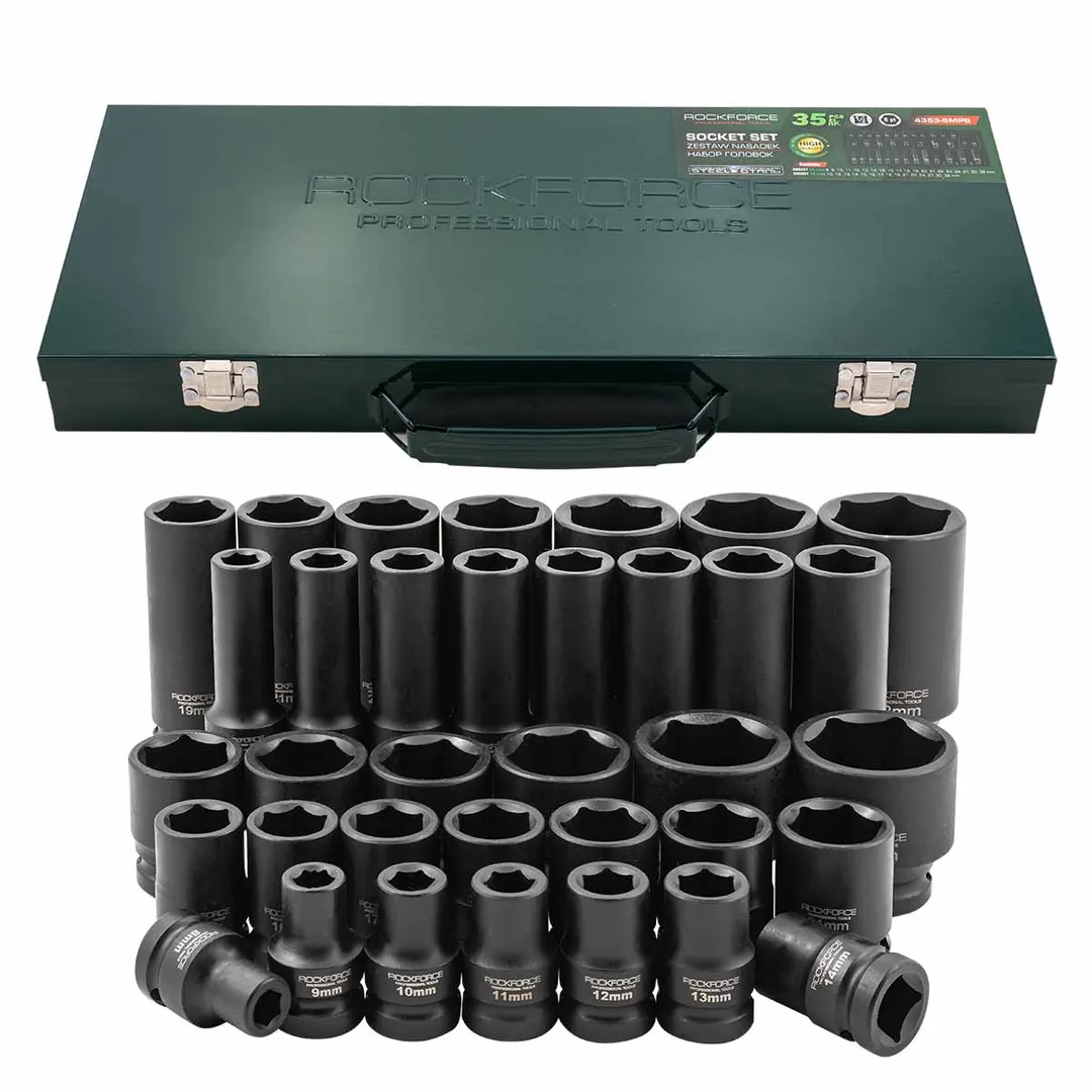 Набор головок 35 пр. (короткие 38мм: 8-23, 24, 27, 30, 32мм, глубокие 78мм: 10, 12-19, 21, 22, 24, 27, 30, 32мм) в металл. кейсе