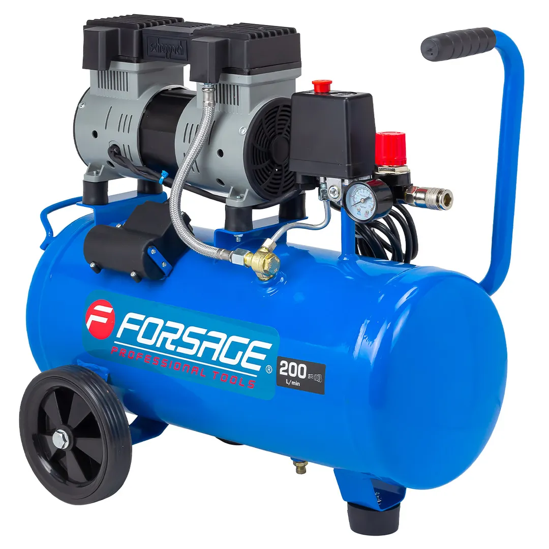 Компрессор поршневой с прямым приводом,2 цилиндра,безмасляный (ресивер 24л, 1.1 кВт, 8 бар, 200л/м, 230В)