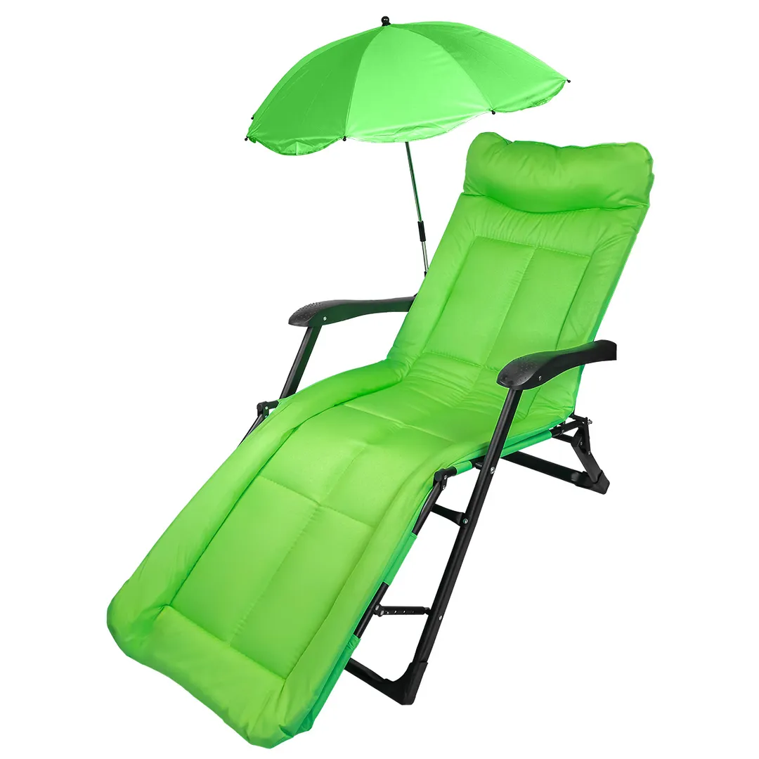 Шезлонг складной с подлокотниками на мягкой основе в комплекте с зонтом садовым (светло-зеленый) (1780х670х300мм, макс. нагрузка 200кг)