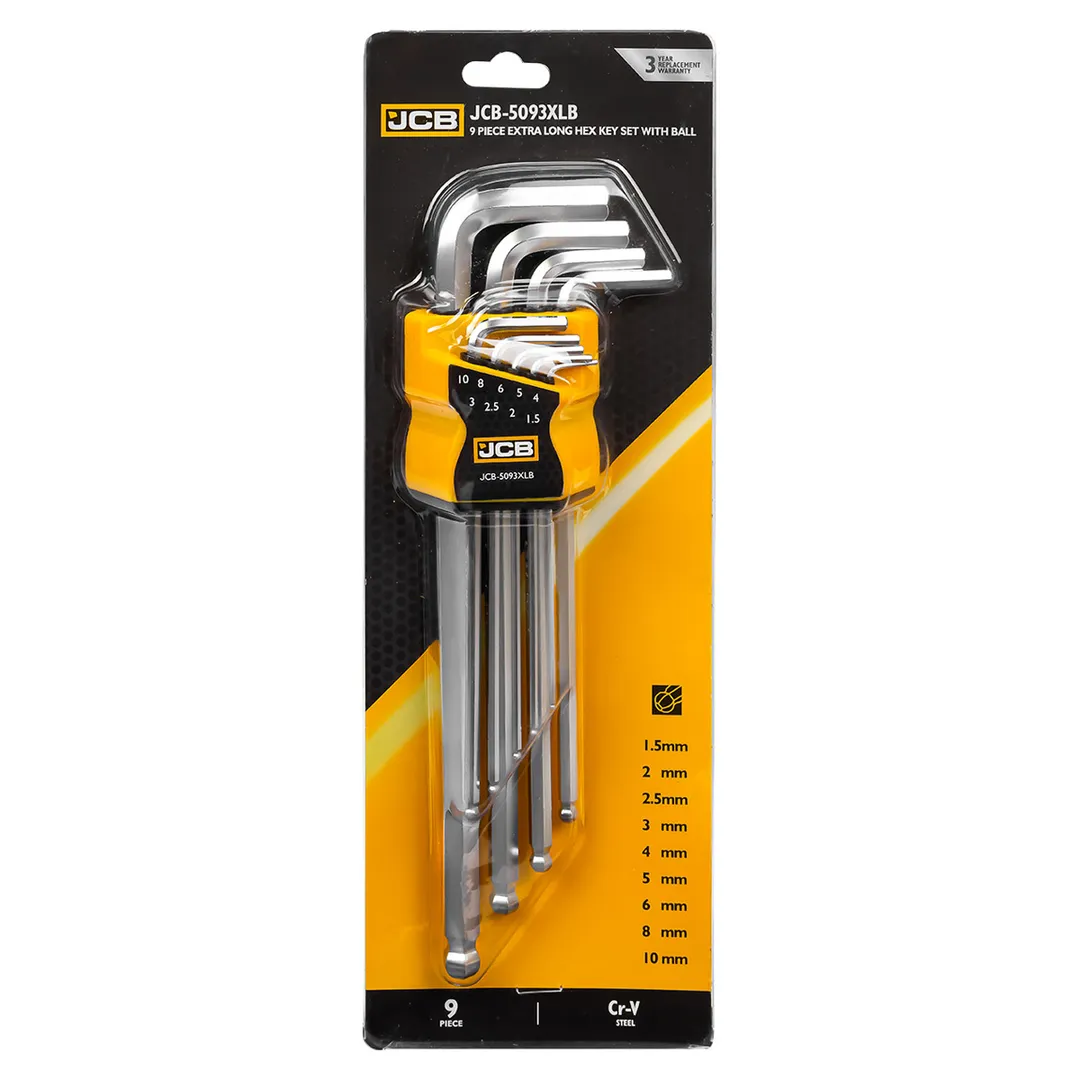 Ключи Г-образные 6-гранные экстра длинные с шаром, набор 9пр. (1.5-6, 8, 10мм)