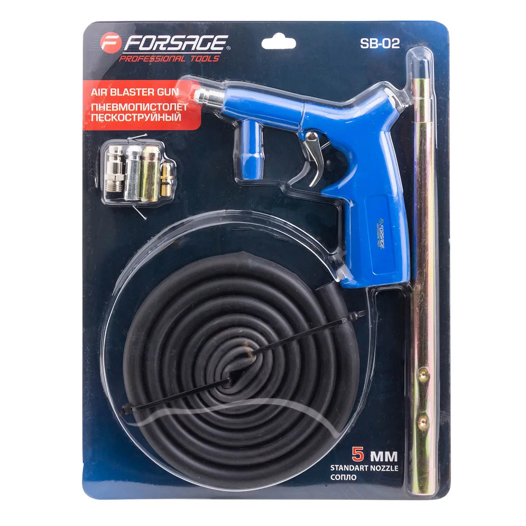 Пневмопистолет пескоструйный шлангового типа (3 сменных сопла, вход 1/4», шланг 1.8м, расход воздуха 180л/мин, давление 6бар) в блистере