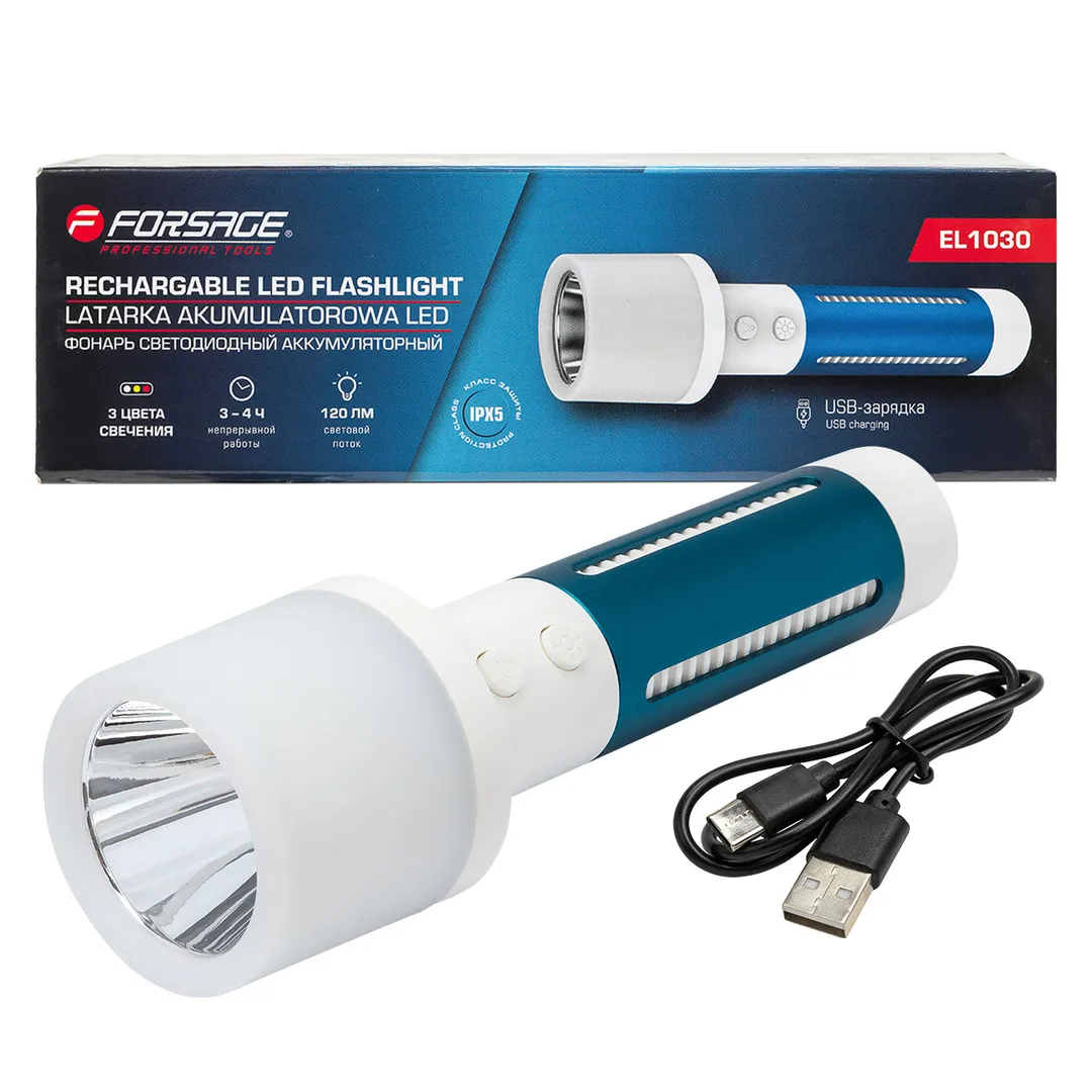 Фонарь ручной аккумуляторный (бел.LED 3Вт,желт.SMD 1Вт,красн.SMD 0.5Вт, 5 режимов работы, аккум. 1200мАч, 120Лм, время работы 3-4ч, время зар. 4-5ч)