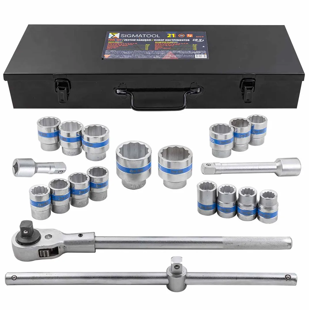 Набор инструментов 21пр, 3/4»(12гр.)(19,21,22,24,26,27,28,29,30,32,34,36,36,38,41,46,50мм), в метал.кейсе