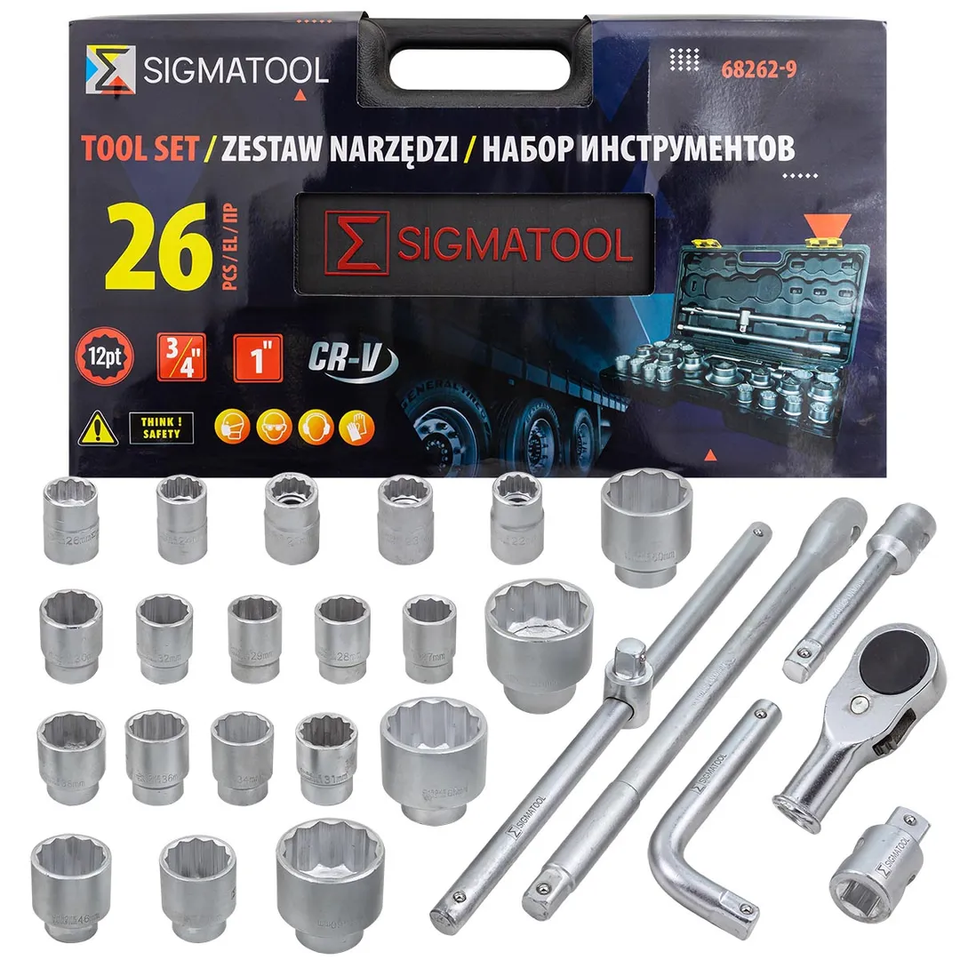 Набор инструментов, 26пр. 12гр, 3/4»(21,22,23,24,26,27,28,29,30,31,32,34,36,38,41,46,50) 1»(55,60,65), в пласт.кейсе