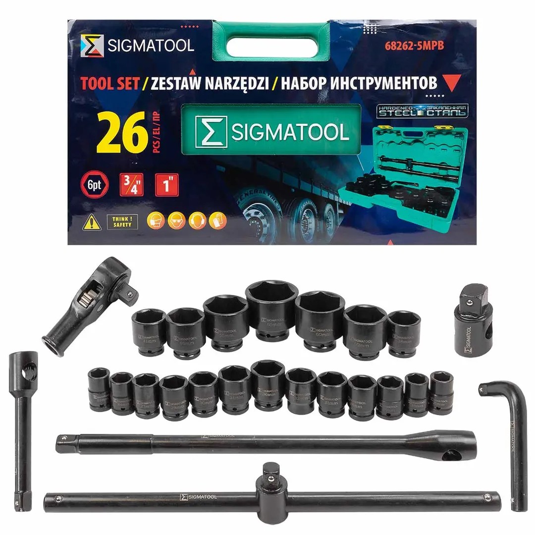 Набор инструментов, 26пр. 6гр, 3/4»(21,22,23,24,26,27,28,29,30,31,32,34,36,38,41,46,50) 1»(55,60,65), в пласт.кейсе