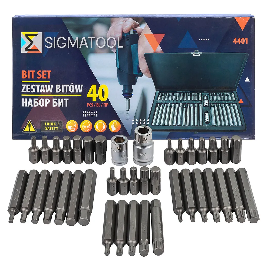 Набор бит с битодержателями 40пр.(10мм, L-70/35мм, T20-Т55, H4-H12, M5-M12) в металл. кейсе
