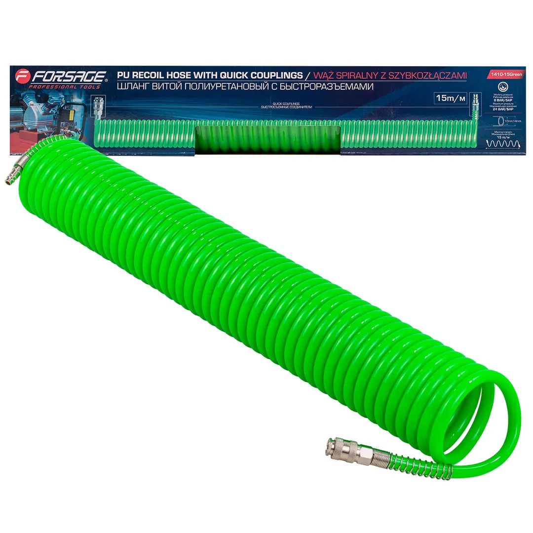 Шланг витой полиуретановый 14мм х 10мм х 15м с быстроразъемами