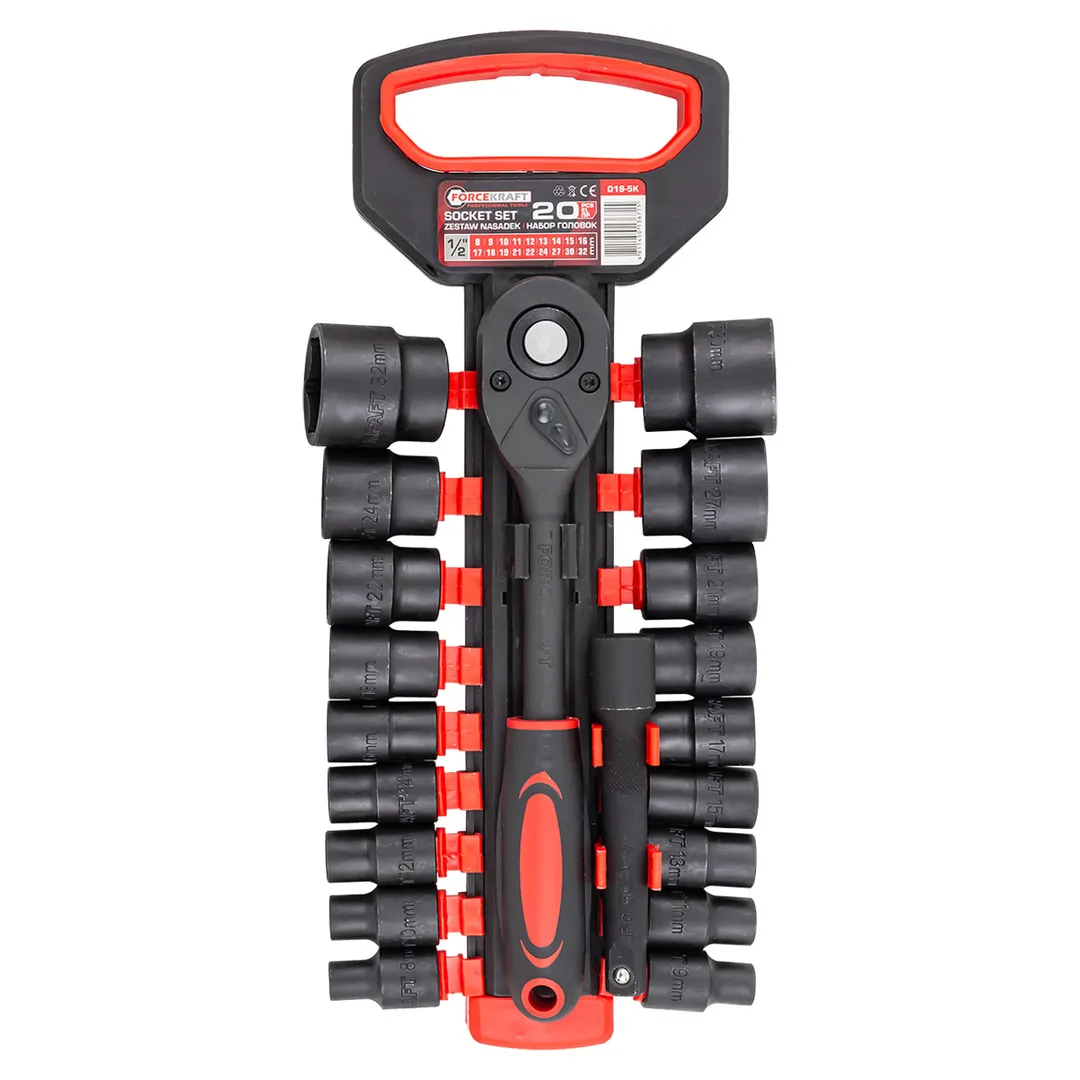 Набор головок с трещоткой и удлинителем 20пр.1/2»(6гр)(8-19,21,22,24,27,30,32мм),в пласт. держателе