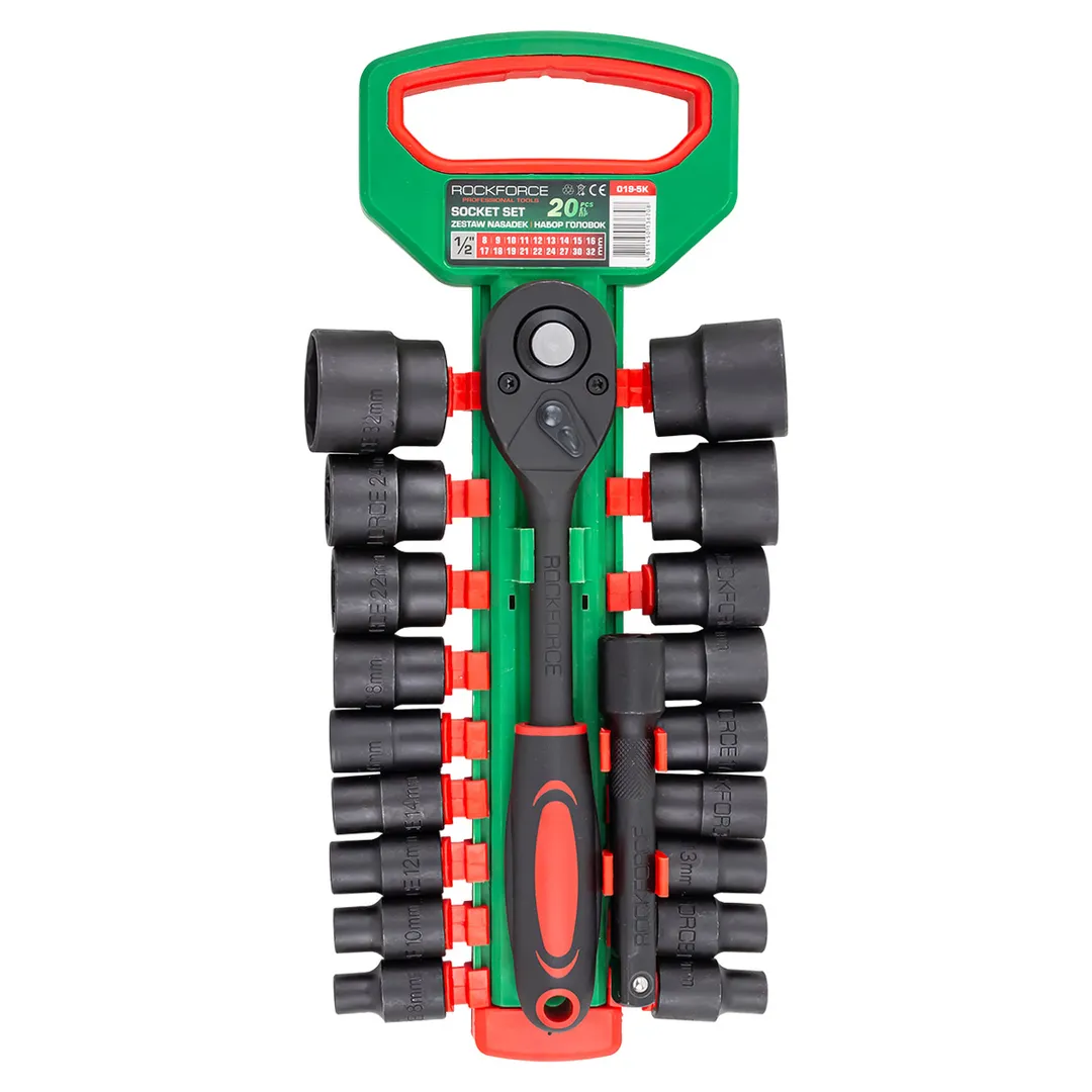 Набор головок с трещоткой и удлинителем 20пр.1/2»(6гр)(8-19,21,22,24,27,30,32мм),в пласт. держателе