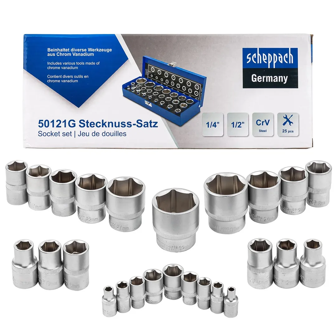 Набор головок 1/4», 1/2», 25пр. (6гр.)(1/2»: 10,11,12,13,14,15,16,17,18,19,21,22,24,27,30,32мм. 1/4»: 4,5, 6,7,8,9,10,12,13мм.)в метал.кейсе