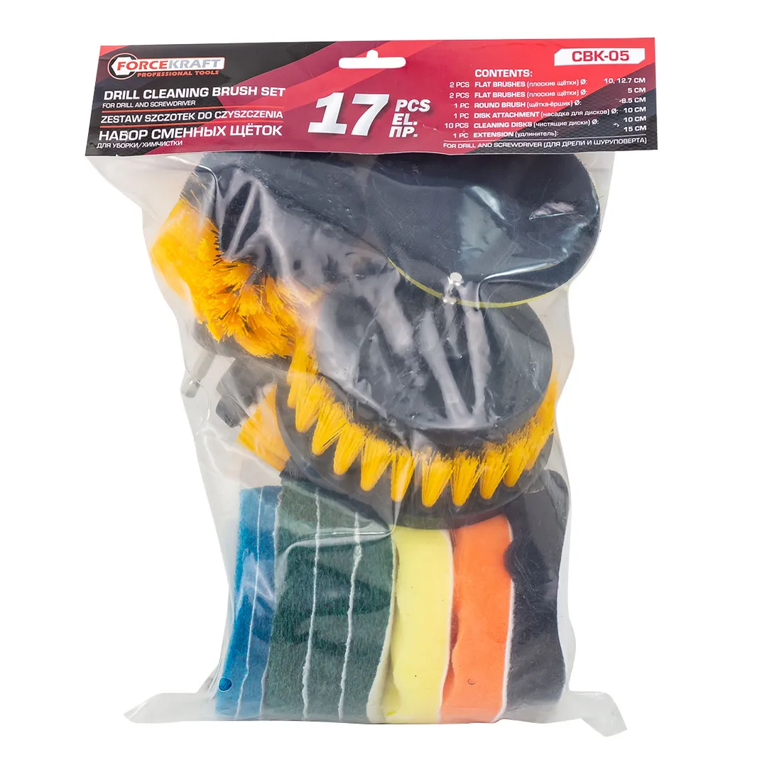 Набор щеток для уборки/химчистки под шуруповерт17пр:кругл.90х75мм,плоск.50(2шт)/100/120х25мм,насадка с лип.100мм,диски7шт,полир.подушки3шт,удлин.150мм