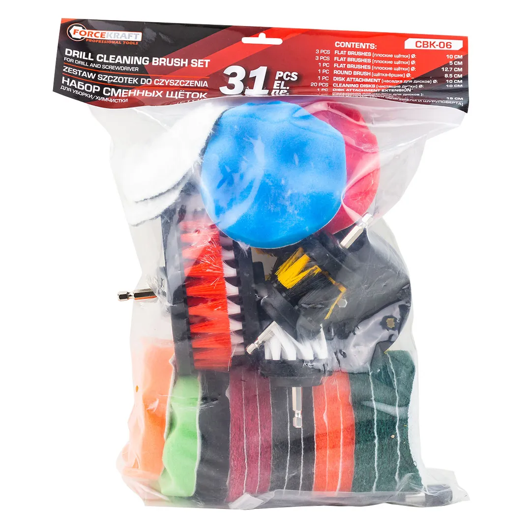 Набор щеток для уборки/химчистки под шуруповерт31пр:кругл.90х75мм,плоск.7шт,насадка с лип.100мм,диски12шт,полир.подушки5шт,войл.диски3шт,удлин.150мм