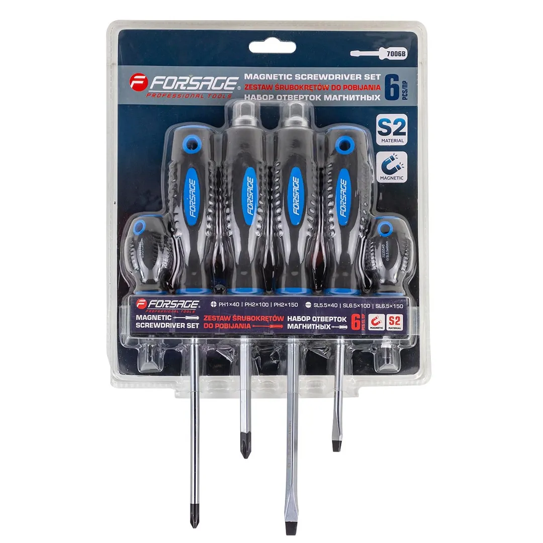 Набор отверток магнитных 6пр.(SL:5.5х40,6.5х100мм, PH:1х40,2х150мм, силовые: SL6.5х150, РН2х100мм)в блистере