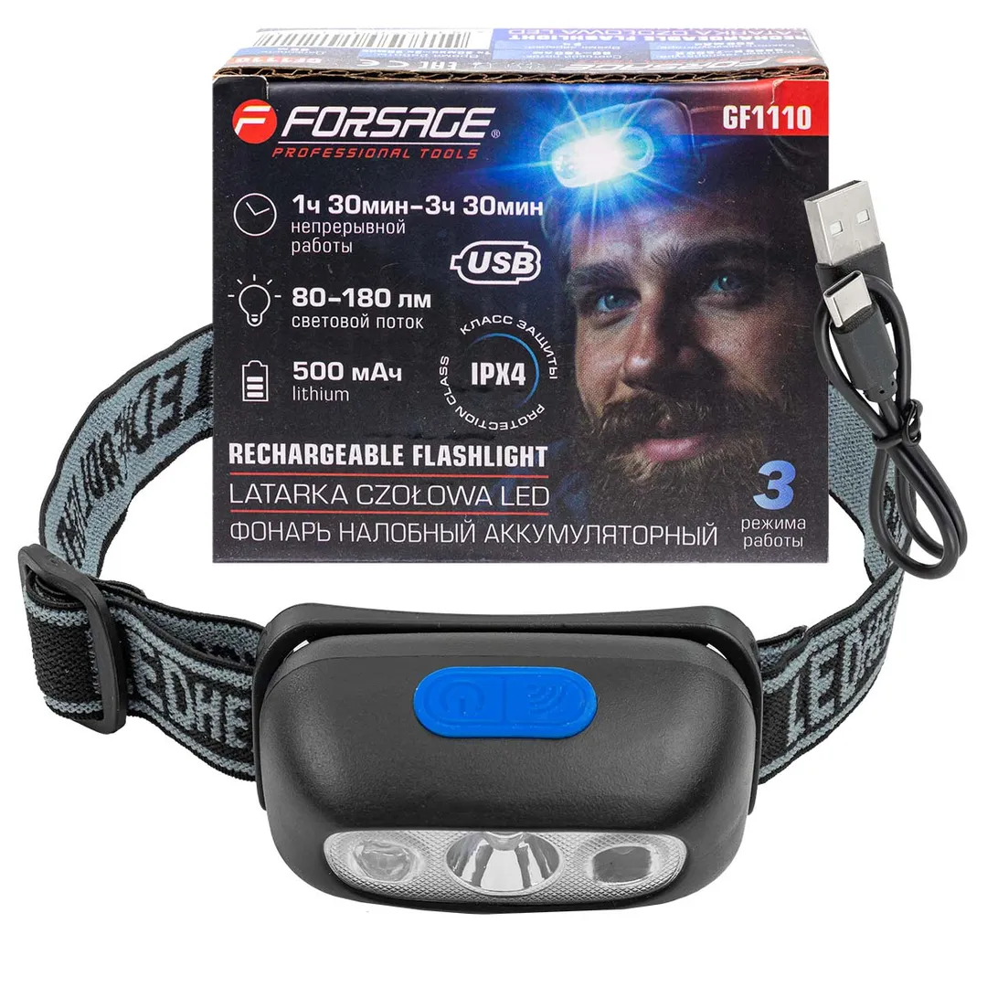 Фонарь светодиодный налобный аккумуляторный с сенсором бесконтактного включения (4 реж.раб.,500мАч,80-180Лм,время раб.90-210мин,время зар.120мин)