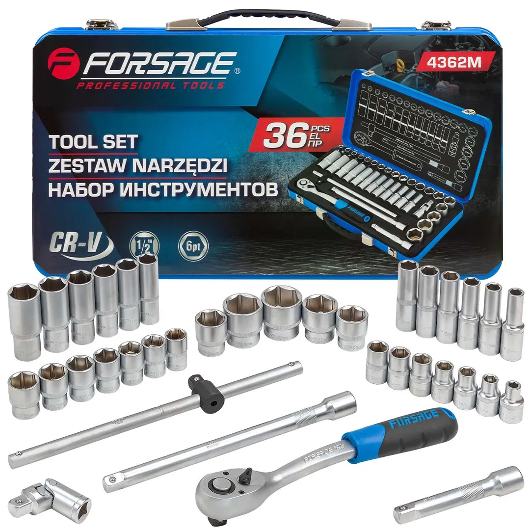 Набор инструментов 36пр. 1/2»(6гр.) (8-32мм, Cr-V), в металлическом кейсе
