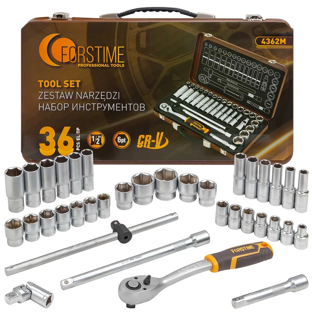 Набор инструментов 36пр. 1/2»(6гр.) (8-32мм, Cr-V), в металлическом кейсе