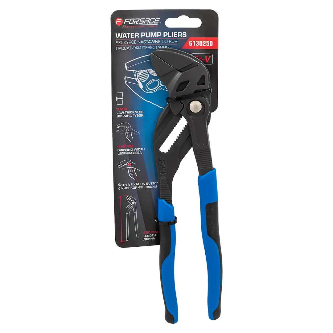 Пассатижи переставные сантехнические с кнопкой фиксации и плоским параллельным захватом Cr-V 250мм, на блистере