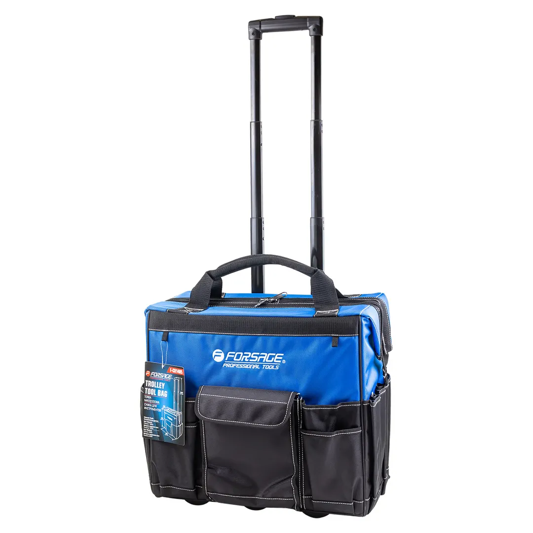 Сумка для инструмента на колесиках с телескопической рукояткой (18 карманов, 460х410х295мм в слож.виде, max длина рукоятки 685мм)