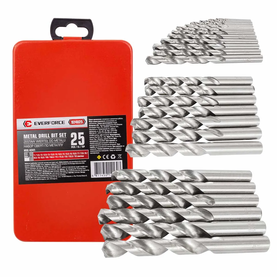 Набор сверл по металлу HSS 4241,25пр(1-13мм, шаг 0.5мм), в метал. футляре