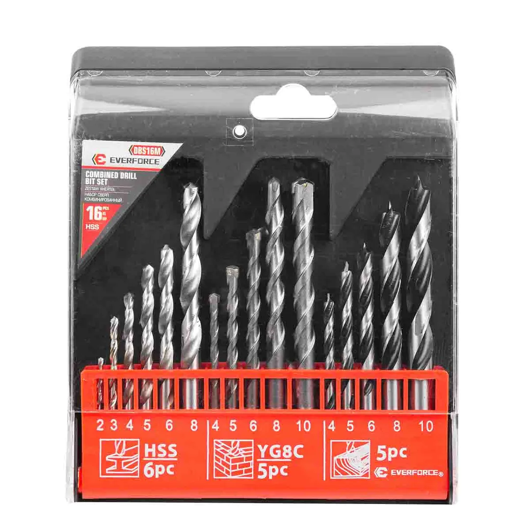 Сверла, набор комбинированный 16пр. (по металлу: 2-6, 8мм, по бетону: 4-6, 8, 10мм, по дереву: 4-6, 8, 10мм)