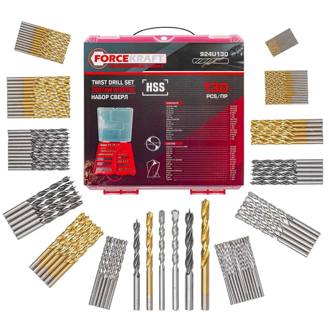 Сверла, набор комбинированный 130пр. (по металлу: 1-6, 8, 10мм, по бетону: 4-6, 8, 10мм, по дереву: 4-6, 8, 10мм)