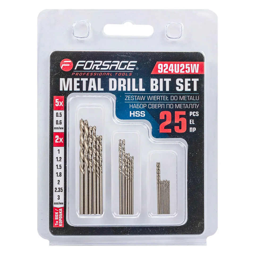 Сверла по металлу, набор 25пр.(0.5-5шт,0.6-5шт,1, 1.2, 1.5, 1.8, 2, 2.35, 3мм по 2шт)