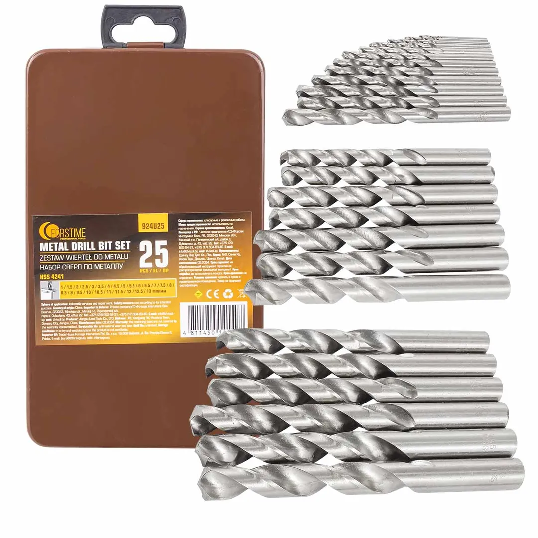 Набор сверл по металлу HSS 4241,25пр(1-13мм, шаг 0.5мм), в метал. футляре