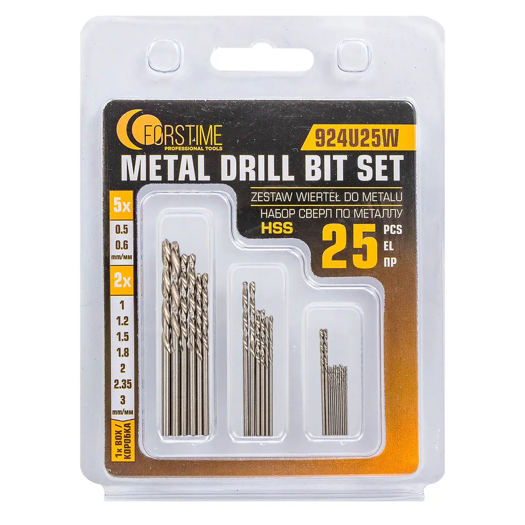 Сверла по металлу, набор 25пр.(0.5-5шт,0.6-5шт,1, 1.2, 1.5, 1.8, 2, 2.35, 3мм по 2шт)