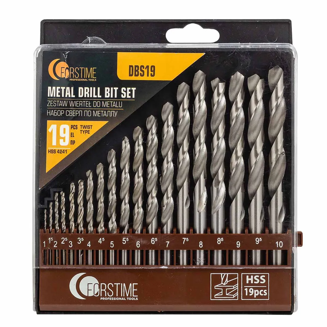 Набор сверл по металлу HSS, 19пр.(1/1.5/2/2.5/3/3.5/4/4.5/5/5.5/6/6.5/7/7.5/8/8.5/9/9.5/10мм), в пластиковом футляре